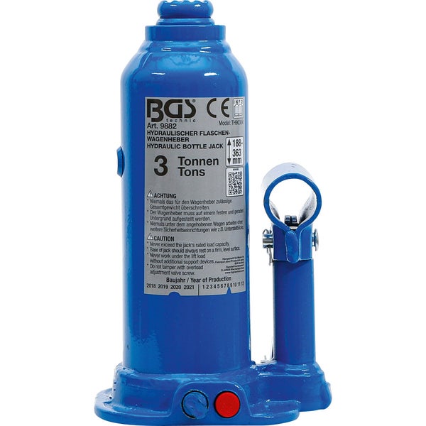 Hydraulischer Flaschenwagenheber BGS Technic, Tragkraft 3 Tonnen, blau, aus Stahl.