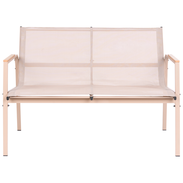 Gartenbank, 2-Sitzer, beige, Metallgestell mit Textilbespannung und Armlehnen aus Holz.