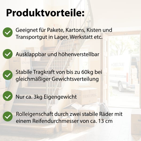 Produktvorteile einer Transportkarre: geeignet für Pakete, ausklappbar, höhenverstellbar, 60 Kilogramm Tragkraft, 3 Kilogramm Gewicht, zwei Räder.