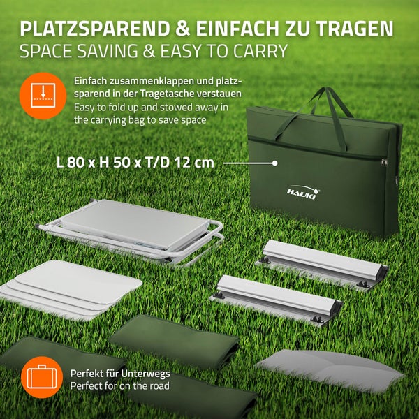 Hauki Camping Küche, Khaki, Campingschrank faltbar mit Tragetasche, Reiseküche mit Windschutz, Küchenschrank mit Arbeitsplatte, Staufächern, Alu Outdoorküche, Küchenbox klappbar, Zeltschrank tragbar