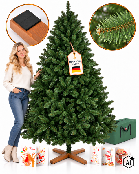 Künstlicher Weihnachtsbaum mit Holzständer, Detailansichten der Nadeln und des Ständers sowie Aufbewahrungstasche und Grußkarten.