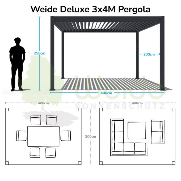 Weide Deluxe Pergola 3 x 4 M - Freistehend, Voll-Aluminium, Lamellendach, Weiß