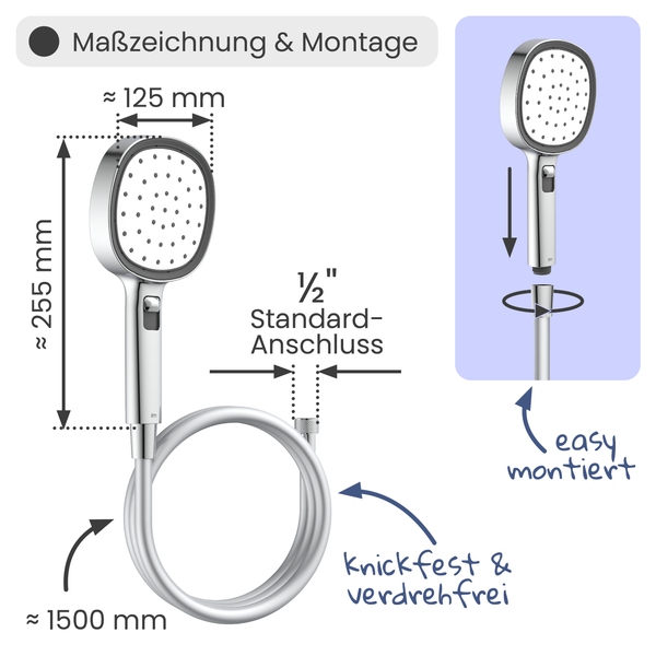 Handbrause mit Maßen: Kopfbreite circa 125 mm, Länge circa 255 mm, Schlauch circa 1500 mm, 1/2 Zoll Anschluss, knickfest und verdrehfrei.
