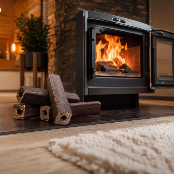 Holzbriketts für Kamin vor einem brennenden Kaminofen in einem Wohnraum.