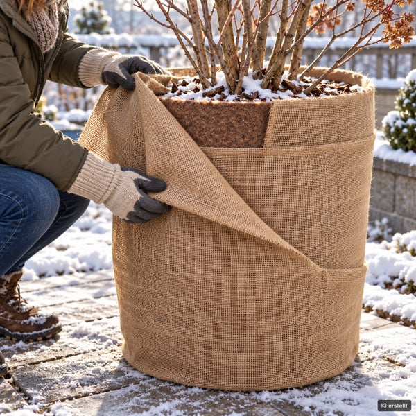 Person mit Handschuhen umwickelt einen Pflanzkübel zum Winterschutz mit Jutegewebe im Freien bei Schnee.