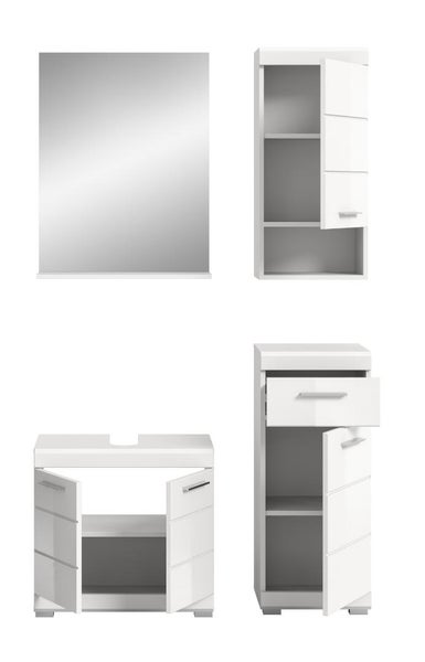 Modernes Badezimmermöbel-Set in Weiß bestehend aus Spiegel, Waschbeckenunterschrank, Hängeschrank und Hochschrank.