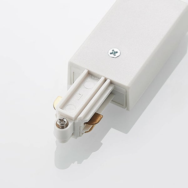 Weißer Stromschienenadapter aus Kunststoff mit Metallkontakten und Schraubklemmen für Schienensysteme.