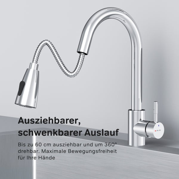 Moderne Küchenarmatur mit ausziehbarer und schwenkbarer Schlauchbrause für optimale Bewegungsfreiheit am Spülbecken