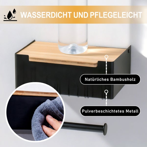 BERLINLODGE Toilettenpapierhalter mit eingebauter Box, 6,5x20x12cm, Schwarz/Bambus, Klopapierhalter mit Ablage Klorollenhalter WC Papier Halterung ohne Bohren, Selbstklebend oder zum Schrauben