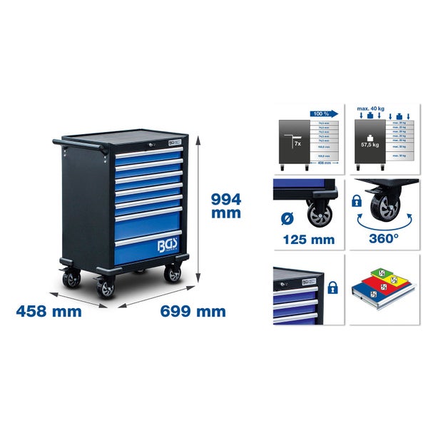 Werkzeugwagen mit sieben Schubladen und Maßen
