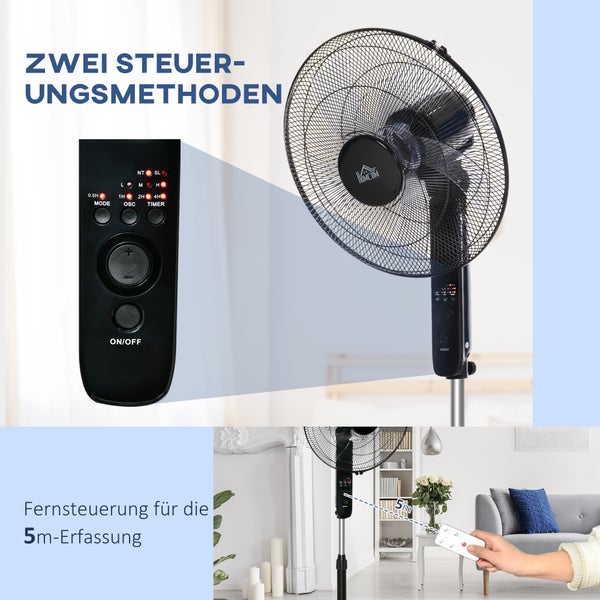 HOMCOM Standventilator mit Fernbedienung, Ventilator, Ø44,5 x H110-124 cm, Metall, Schwarz,