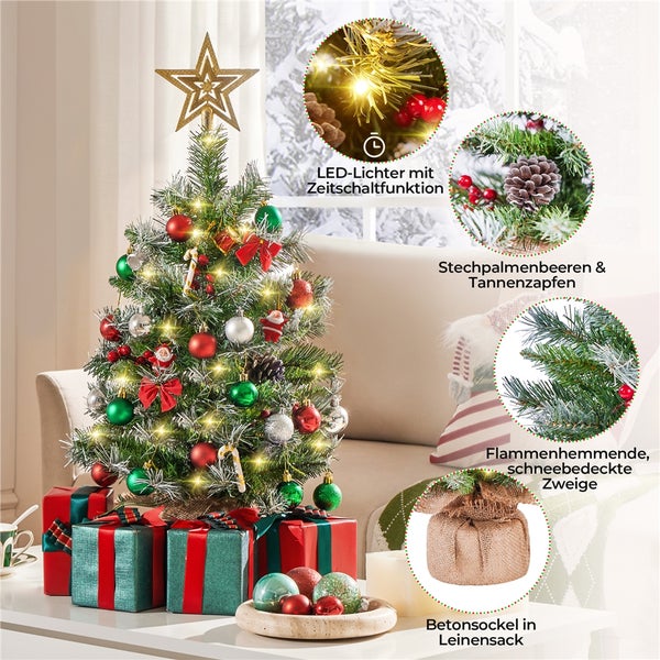 Geschmückter künstlicher Weihnachtsbaum mit LED-Lichtern, Stern, Geschenken und Leinensack