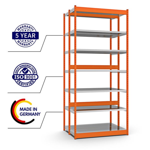 PROREGAL Fachbodenregal Stecksystem Vierkant-Profil Grundregal HxBxT 300 x 132,5 x 40 cm 2x7 Ebenen Doppelseitige Bauart Fachlast 200 kg Orange