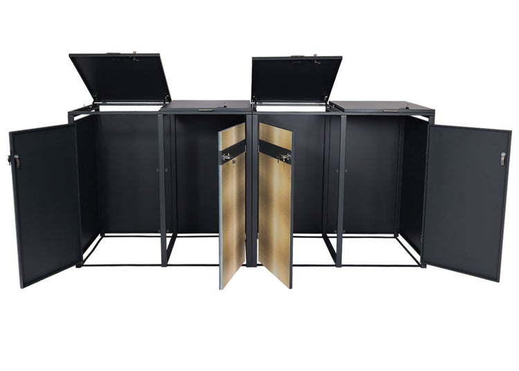 Mülltonnenbox mit geöffneten Türen und Deckeln