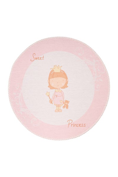 Runder Kinderteppich mit Prinzessinnen-Motiv, Zauberstab, Teddybär und dem Schriftzug Sweet Princess.