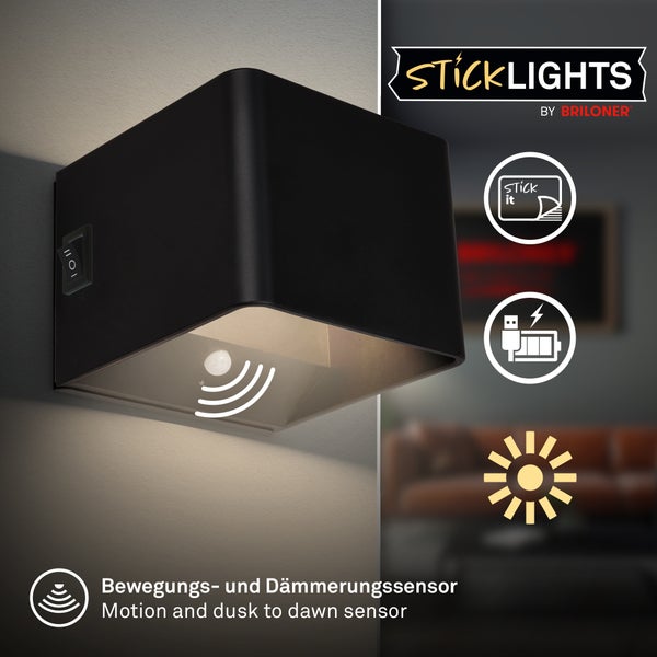 STICKLIGHTS BY BRILONER LED Wandleuchte, Schwarz, Bewegungs- und Dämmerungssensor, USB-Ladefunktion, zum Aufkleben. STICKLIGHTS BY BRILONER Logo.
