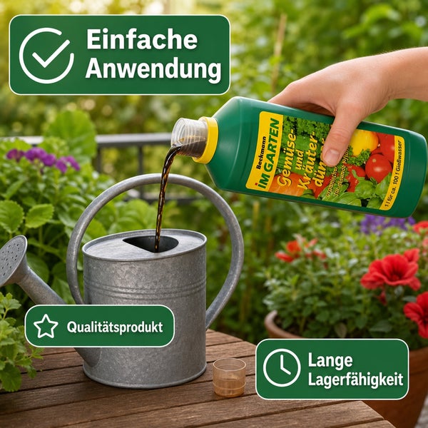 Beckmann Gemuese und Kraeuterdünger wird aus einer Flasche in eine metallische Giesskanne gegossen mit Hinweisen zur einfachen Anwendung.