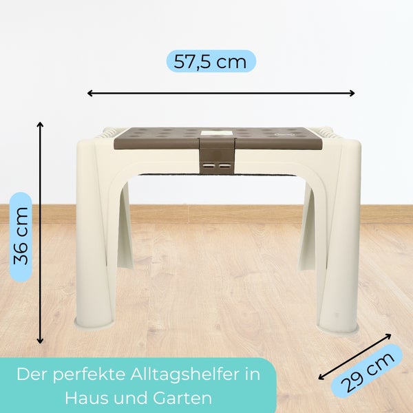 Kunststoff Hocker mit den Maßen 57,5 cm Breite, 36 cm Höhe und 29 cm Tiefe