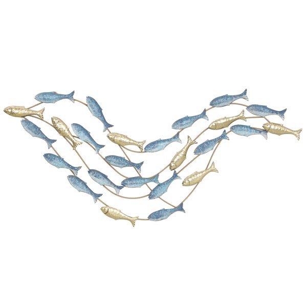 Dekorative Fisch Wandkunst über einem Sideboard mit einer Länge von 120 cm; die Wandkunst hat eine Breite von 99,7 cm.