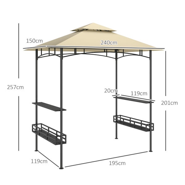 Outsunny Grillpavillon 240 x 150 x 257 cm wasserdicht flammhemmend Gartenpavillon mit Doppeldach, Seitenregalen, Gartenlauben mit UV-Schutz, BBQ Pavillon aus Stahl, Grillzelt für Party BBQ, Beige