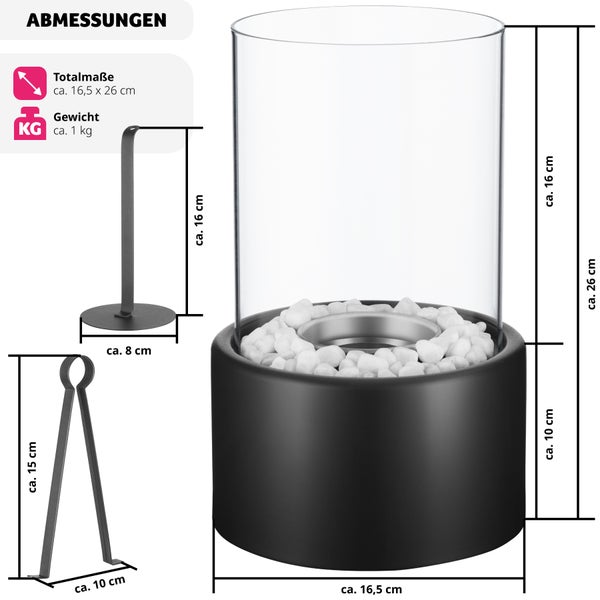 Tischkamin mit Glaszylinder, runder Basis, dekorativen Steinen und Löschwerkzeug