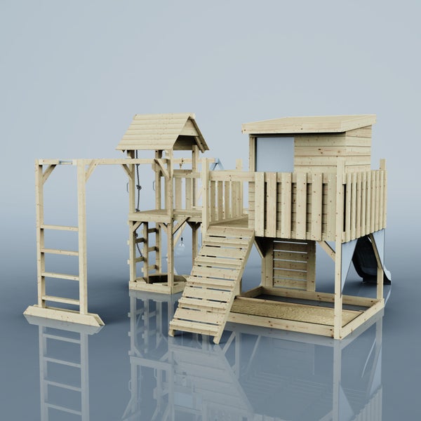 Spielplatzanlage aus Holz mit Rutsche, Kletterwand und Schaukel