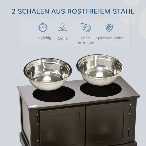 PawHut Hundenäpfe, Erhöhtes Futterstation mit 2 Edelstahlschüsseln, Wassernapf mit 29,5L Stauraum, Fressnapf, Hundenapfständer für Große Hunde, Kaffee