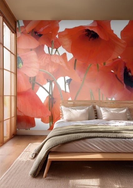 Schlafzimmer mit Mohnblumen-Fototapete, Bett und Teppich
