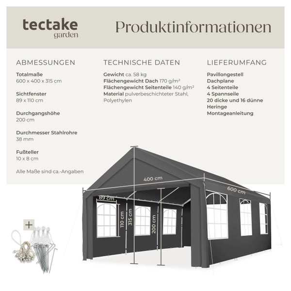 Pavillon tectake Jasko inklusive Spannseilen und Heringen 6 x 4 m grau
