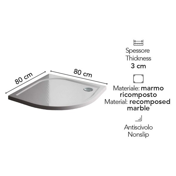 Viertelkreis Duschwanne aus Gussmarmor, 80 mal 80 Zentimeter, Stärke 3 Zentimeter, rutschhemmend.