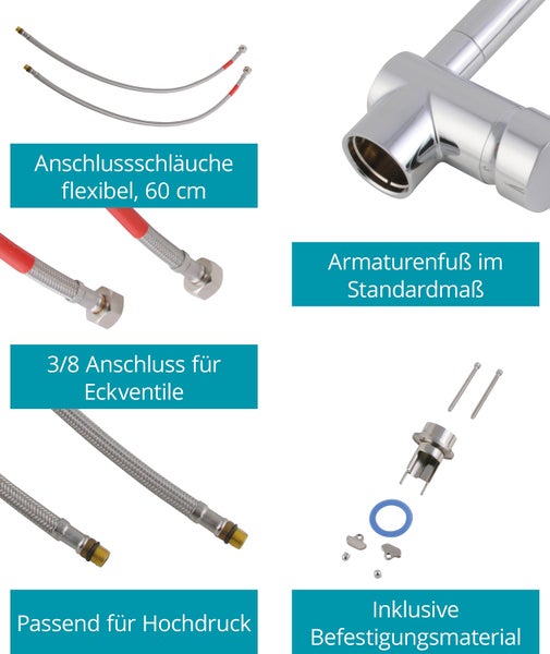 Calmwaters® Klappbare Vorfensterarmatur Honest Extra, Wasserhahn Küche, Spültischarmatur für Unterfenstermontage, drehbar & abnehmbar, Einhebelmischer, Keramikkartusche, Messing, Chrom, 12PZ5070