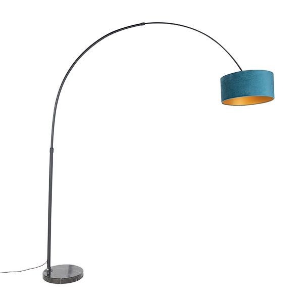 QAZQA - Modern Bogenlampe schwarz Veloursschirm blau mit Gold I Messing 50 cm - XXL I Wohnzimmer I Schlafzimmer - Stahl Länglich I Zylinder I Rund - LED geeignet E27