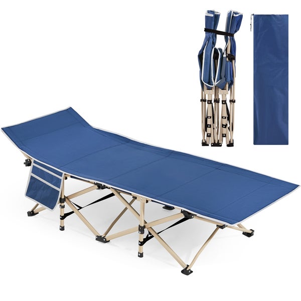 Feldbett mit Tragetasche, aufgebaut und zusammengeklappt dargestellt