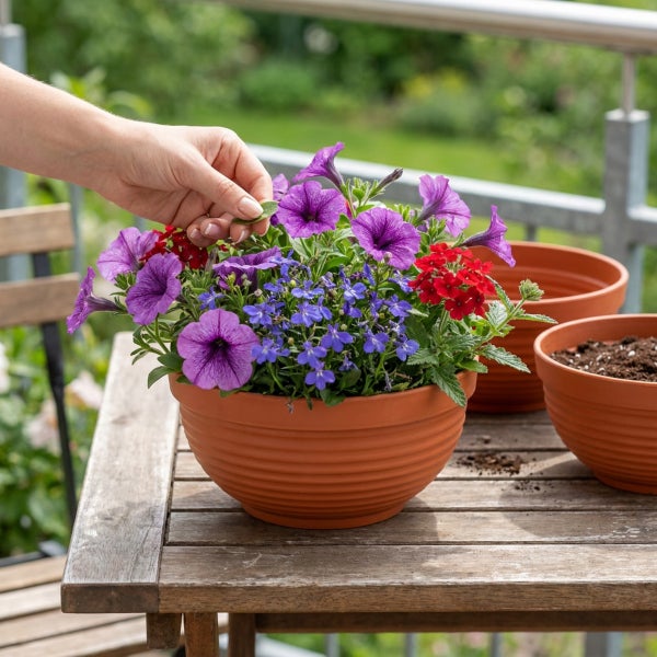 Eine Hand zupft an einer Pflanze in einem gerippten Terrakotta-Blumentopf auf einem hölzernen Gartentisch.