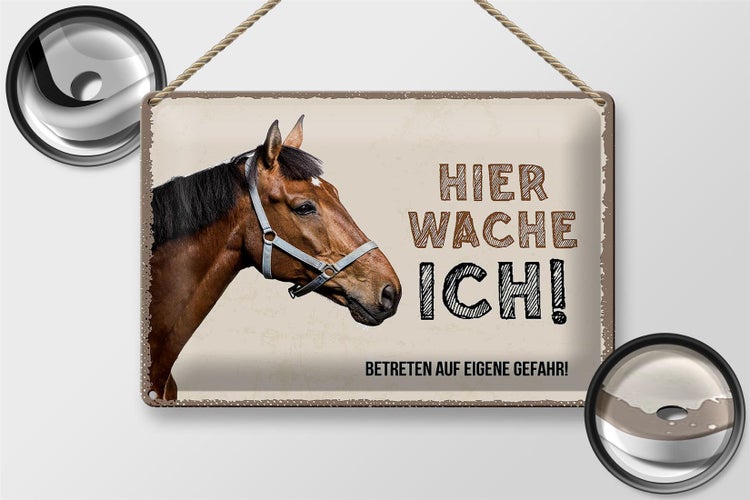 Blechschild Spruch 30x20cm Pferd links hier wache ich eigene Gefahr Schild