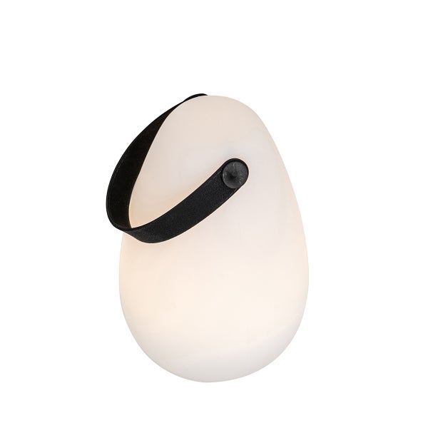 Tragbare weiße LED-Außenleuchte in Eiform mit schwarzem Trageriemen aus Kunststoff.