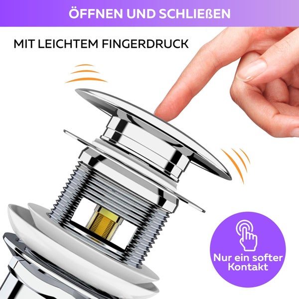 Waschbeckenstöpsel mit Fingerdruck-Bedienung für leichtes Öffnen und Schließen.