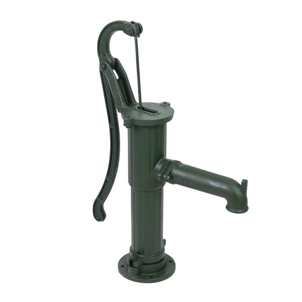 Grüne Schwengelpumpe aus Gusseisen für den Garten.