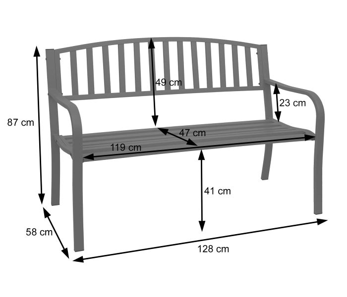 Metall-Gartenbank mit Maßangaben: Höhe 87 Zentimeter, Breite 128 Zentimeter, Tiefe 58 Zentimeter, Sitzhöhe 41 Zentimeter.