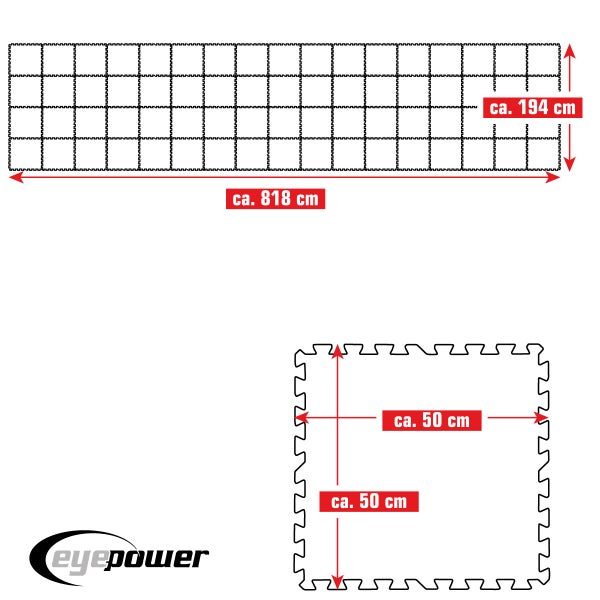 Abmessungen eines Eyepower Schutzmatten-Sets dargestellt