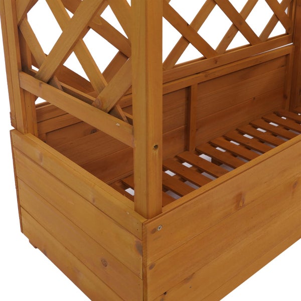 Pflanzkasten aus Holz mit integriertem Rankgitter und bogenförmigem Dachaufsatz für Kletterpflanzen.