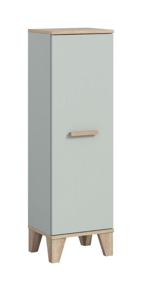 Ein hoher Badezimmerschrank mit einer Tür, Holzfüßen und einem horizontalen Griff.