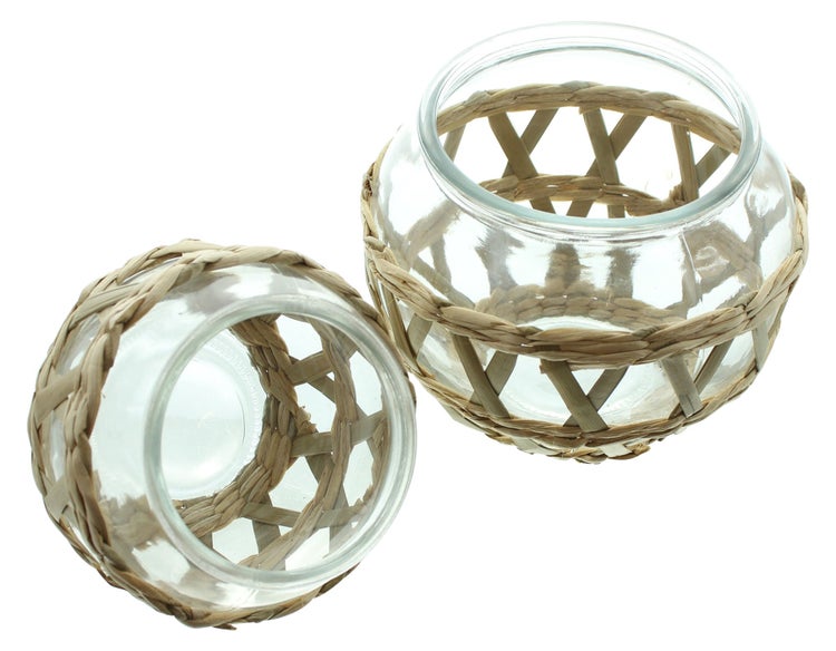 FRANK FLECHTWAREN | Windlicht Geflecht, 2er Set, GLAS, SEEGRAS, 12,5 x 12,5 x 10 cm, 15,5 x 15,5 x 12,5 cm