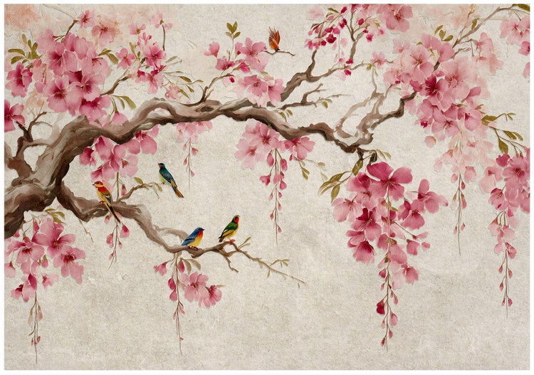 Dekorative Tapete mit Kirschblüten und Vogelmotiven