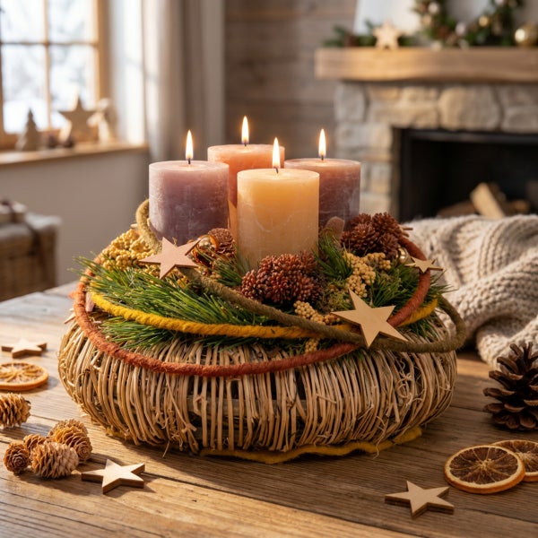 Adventskranz aus Weide mit vier brennenden Kerzen, dekoriert mit Tannenzweigen, Zapfen und Holzsternen auf einem Holztisch.