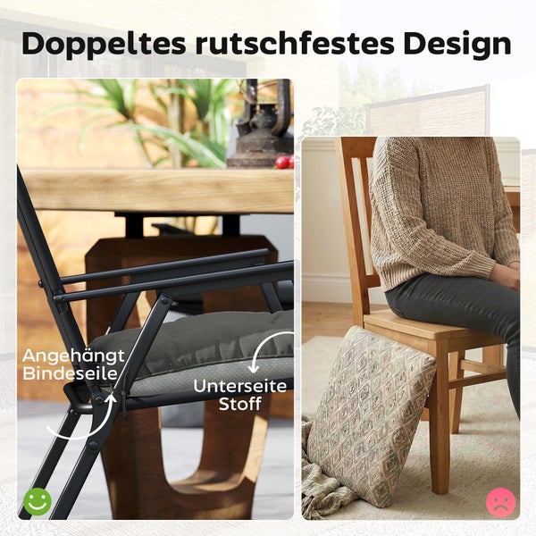 Vergleich eines rutschfesten Sitzkissens mit Haltebändern an einem Stuhl und eines herkömmlichen Kissens, das vom Stuhl herunterrutscht.