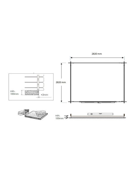 Technische Zeichnung eines Gartenhauses mit Maßen von 2820 mal 2820 Millimeter und Details zum Fundament mit einer Mindesthöhe von 100 Millimeter.