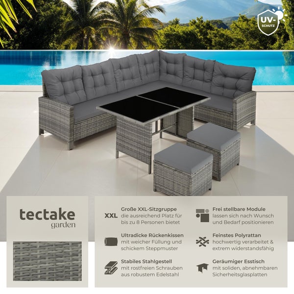 Rattan Lounge tectake Barletta mit Sicherheitsglasplatten für 6 bis 8 Personen grau/beige
