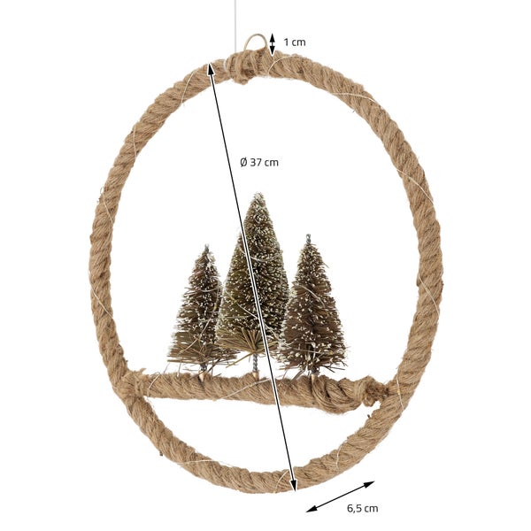 ECD Germany LED Jute Kranz Ø37cm mit 50 warmweißen LEDs, Deko Weihnachtskranz mit 3 Tannen, Jutesäckchen, batteriebetrieben und Timer, Hängekranz aus Seil, Lichterkranz Türkranz Weihnachtsdeko Innen