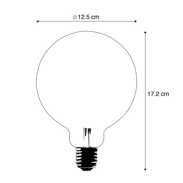 Maßzeichnung einer kugelförmigen LED-Leuchte mit einem Durchmesser von 12,5 Zentimetern und einer Gesamthöhe von 17,2 Zentimetern.